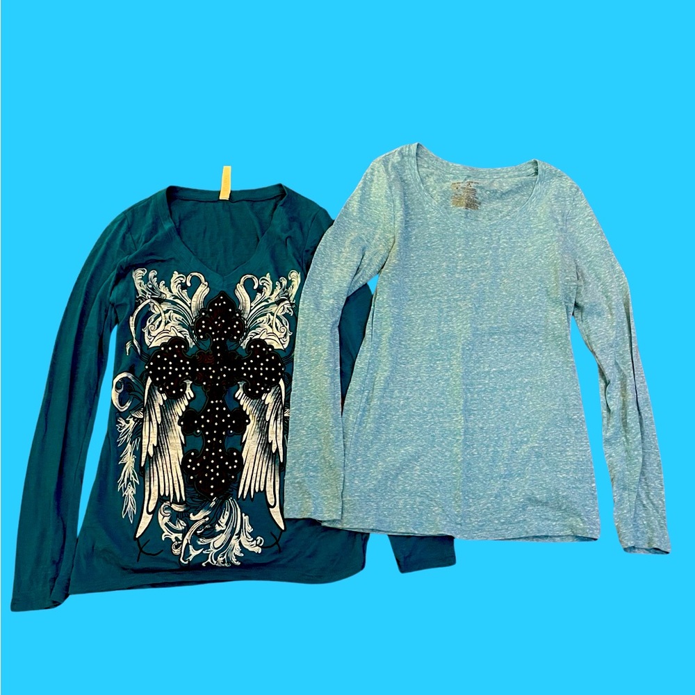 Ritual No Boundaries NOBO Burn Out long sleeve Tees Size MED blue brown cotton